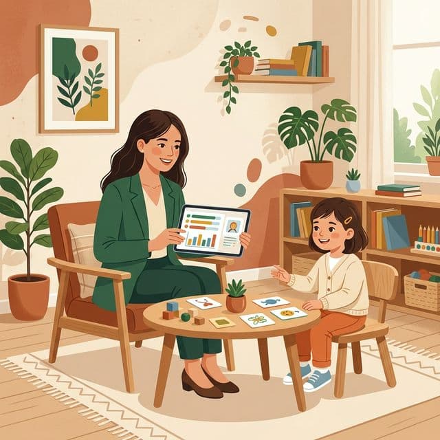 Therapist reviewing child progress on Montiora